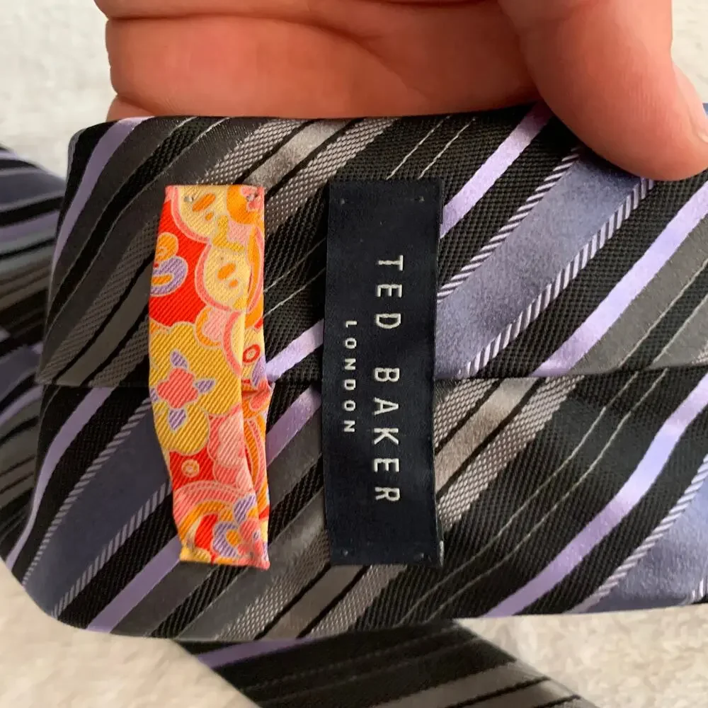 Teb Baker London Mens 100% Imported Silk Purple Gray Silver Black Tie Work Event